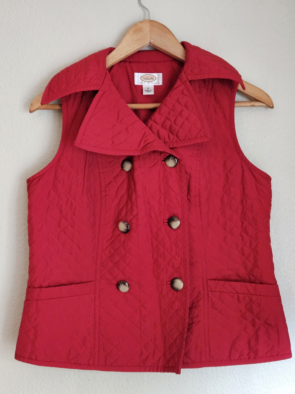 Talbots Quilted Red Double-Breasted Vest with Notch Collar